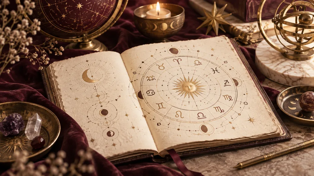Illustrative birth-chart notebook and celestial wheel